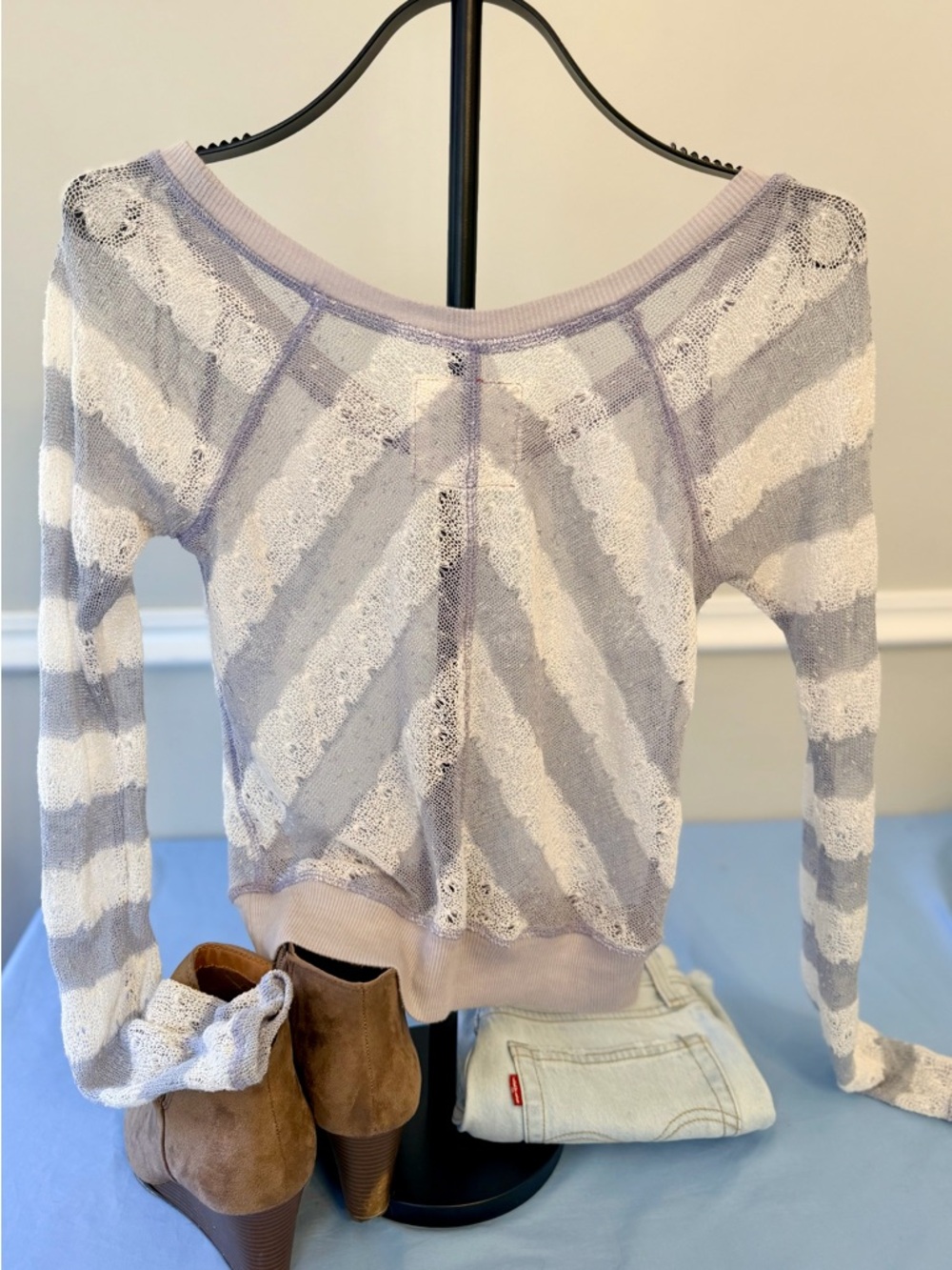 Free People We The Free Sheer Knit Long Sleeve Top XS Boho Grunge Distressed - Picture 3 of 8